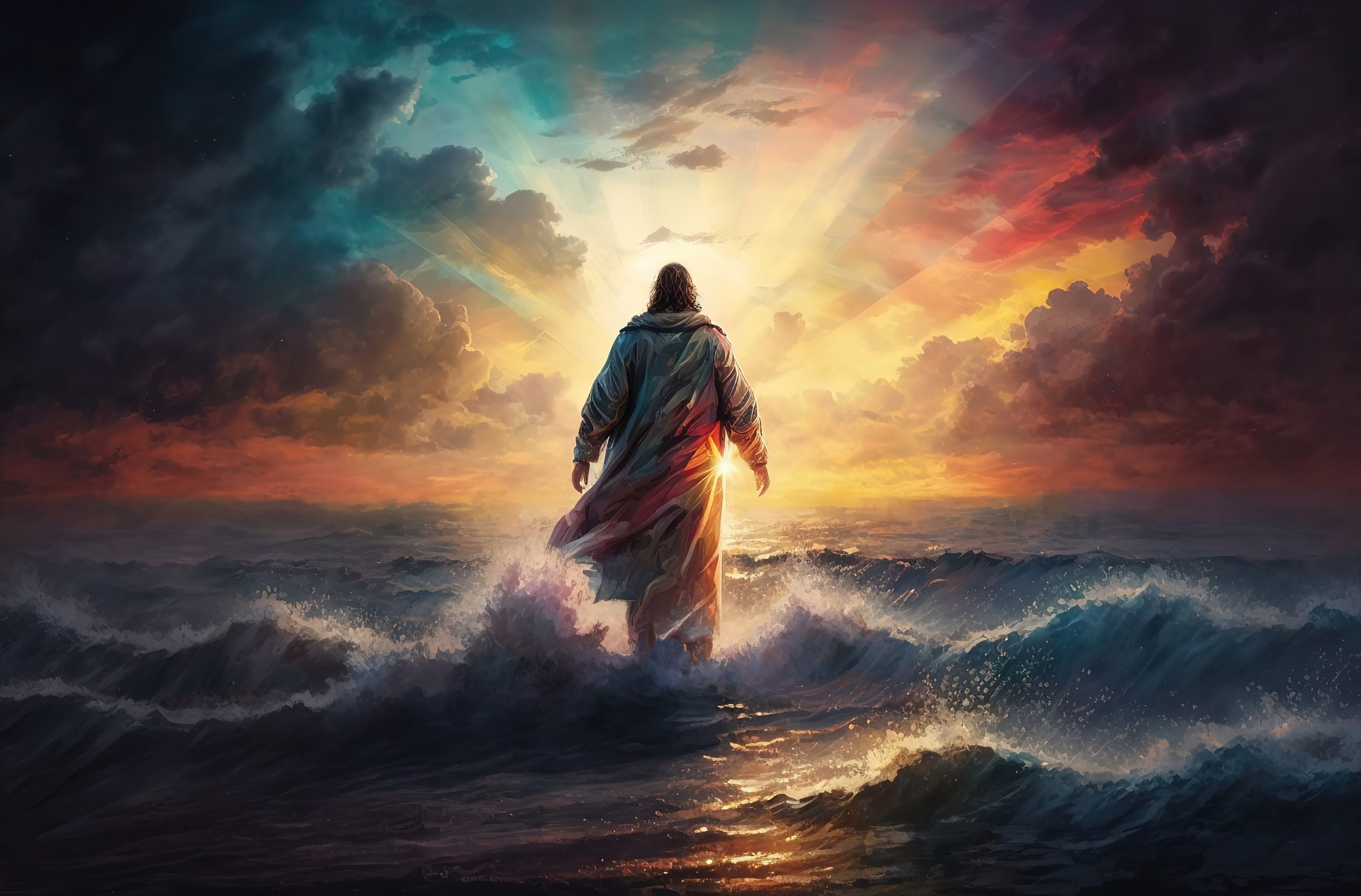 The figure of Jesus walks on water on a beautiful dramatic sunset
